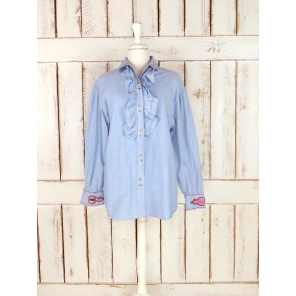 Vintage blue cotton denim ruffle button down boho shirt - Picture 4 of 4
